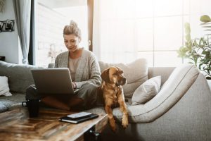 Business Loans Banner - Woman checking her business' credit score her laptop while sitting on the couch next to her dog